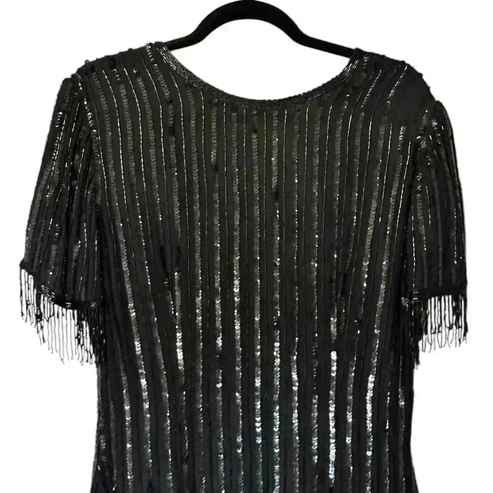 Vintage 80s St’enay Silk Elegant Black Sequin Dress - Picture 3 of 7